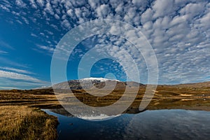 Snaefellsjokull Volcano reflected in a lake, Iceland