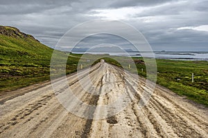 Snaefellsnesvegur road 54 along in northern shore of Snaefellsnes peninsula of Vesturland region of Iceland