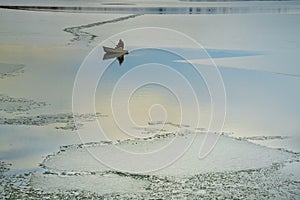 Snagov lake during wintertime.Cloudy day.Gorgeous landscape.Frost on the surface