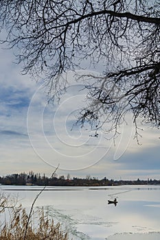 Snagov lake during wintertime frost on the surface.Cold temperature.Bucharest Romania