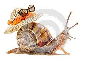 A snail in beach attire, with a sun hat and sunglasses, strolling along the beach with a shell-shaped beach bag.