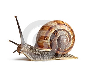 Snail with big shell on white background. For beauty skin products with mucin with firming effect