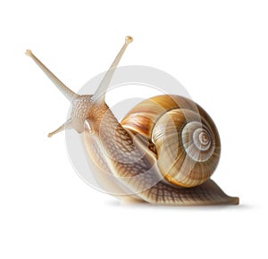 Snail with big shell on white background. Gold colors. For beauty skin products with mucin with firming effect