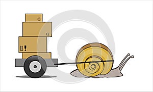 Snail Carries A Cart With Boxes, Side view. Slow Delivery. Signs on Cardboard Boxes. Symbol of Slowness.