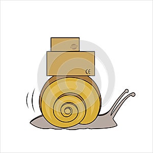 Snail Carries A Cart With Boxes, Side view. Slow Delivery. Signs on Cardboard Boxes. Symbol of Slowness. Modern flat Vector