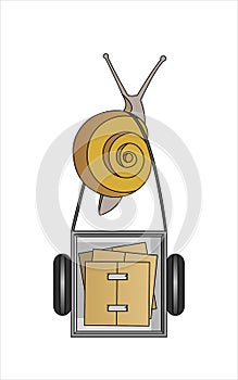 Snail Carries A Cart with Boxes, Top view. Slow Delivery. Symbol of Slowness. Modern flat Vector i
