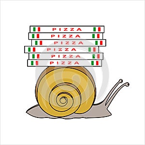 Snail Carries Pizza Boxes, Side view. Slow Pizza Delivery. Symbol of Slowness. Modern flat Vector illustration.