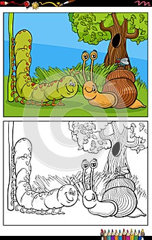 Snail and caterpillar and fly characters cartoon coloring book page