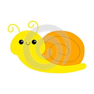 Snail cochlea icon. Orange shell house. Cute cartoon kawaii funny character. Insect bug isolated. Big eyes. Blue body. Smiling