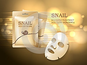 Snail cosmetic ads template, face mask and golden sachet package mockup for ads or magazine. Vector beauty concept.