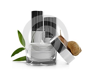 Snail, cosmetic products and green leaves isolated in white