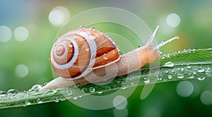 A snail crawling on a blade of grass with water droplets