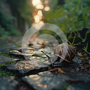 a snail crawling on a coble stone patch