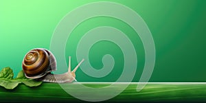 Snail crawling on green grass with copy space. Banner 2:1