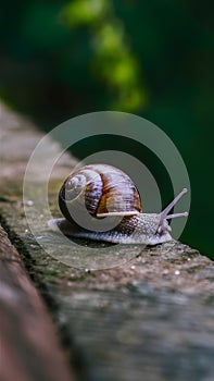 Snail crawling in a ledge, slow movement, natural habitat photo