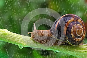 Snail crawling on plant with rain