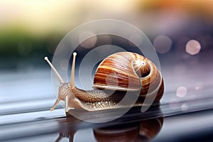 Snail crawling on the table with bokeh background