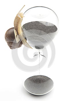 The snail crawls on the hourglass. time and stability. the transience of time and slowness in choosing success. the cyclical