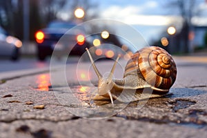 a snail crossing a busy sidewalk