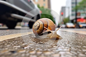 a snail crossing a busy sidewalk