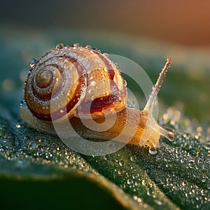 Snail on Dew-Covered Leaf at Sunrise