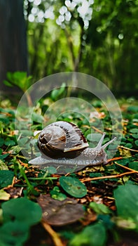 Snail explores city park, blending into natural surroundings