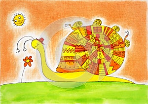 Snail family, childs drawing, watercolor painting