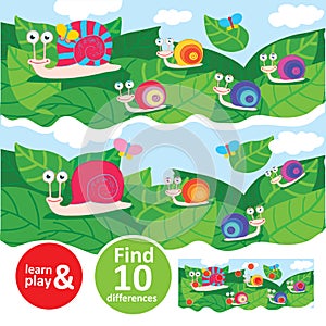 Snail family walking on leaves. Learn and play task for kids. Find ten differences. Concentration and attention training