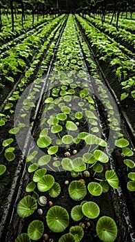 A snail farm showcases rows of healthy plants with snails, depicting the symbiotic balance in a controlled horticultural
