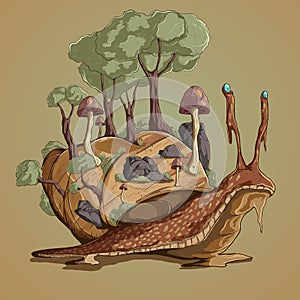 snail with a forest on the shell vector illustration