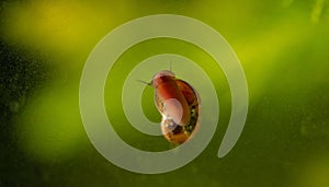 Snail on a glass surface in aquarium.