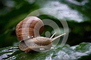 Snail gliding on green leaf. Large white mollusk snail with brown striped shell.