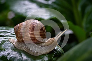Snail gliding on green leaf. Large white mollusk snail with brown striped shell.