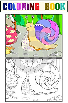 Snail in the grass. Children coloring book and drawing coloring book, example. Vector
