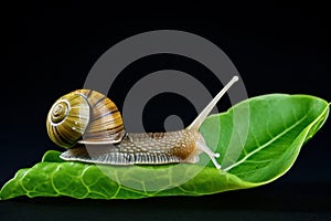 Snail on green leaf over black background. Generate Ai