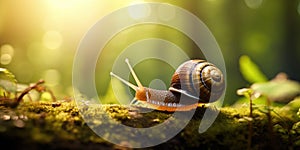 Snail on green moss with bokeh background. Banner 2:1