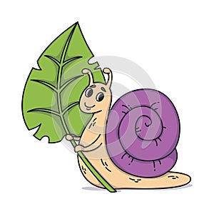 Snail holding a leaf.