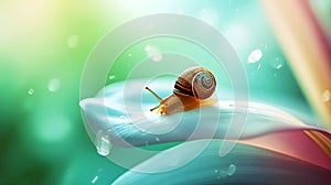 Snail On Leaf With Dew Drop And Dreamy Bokeh Light