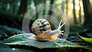 Magical Forest Snail on Dew-Covered Leaf at Sunrise
