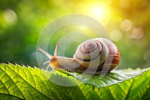 snail on a leaf, spring, background in light