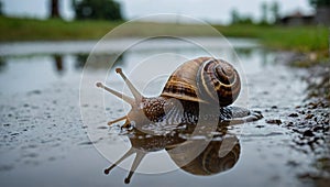 Snail leisurely moves across moist ground abundantly laden with puddles. Landscape mirrors itself in the water