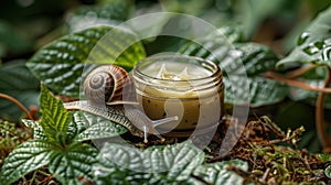 a snail looking at a jar of snail mucin cream among green leaves, representing skincare, in a banner image photo