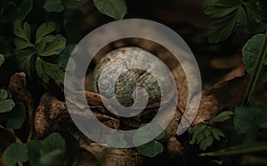 a snail lying on a leaf on the forest floor