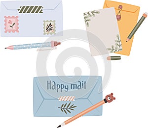 Snail mail concept. Set of envelopes, paper, letters and pens