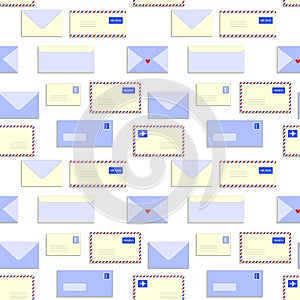 Snail mail letters envelopes seamless pattern, vector