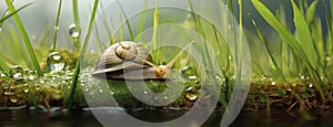 a snail making its slow journey across wet grass following a night of rain. Express the scene in a minimalist and modern