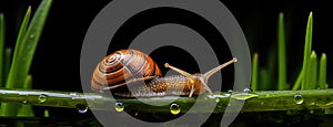 a snail making its slow journey across wet grass following a night of rain. Express the scene in a minimalist and modern