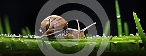 a snail making its slow journey across wet grass following a night of rain. Express the scene in a minimalist and modern