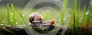 a snail making its slow journey across wet grass following a night of rain. Express the scene in a minimalist and modern