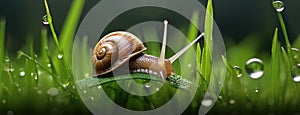 a snail making its slow journey across wet grass following a night of rain. Express the scene in a minimalist and modern